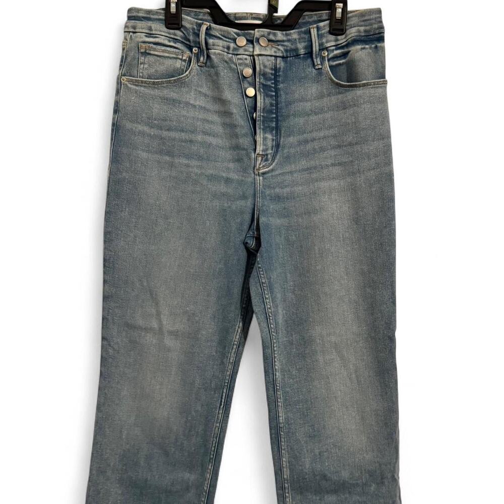Good American high waisted button-up light wash straight leg denim jeans size 14